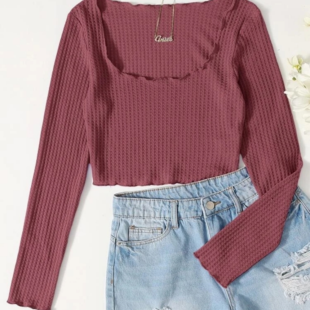 Romwe Ruffle Waffle Cropped Long Sleeve